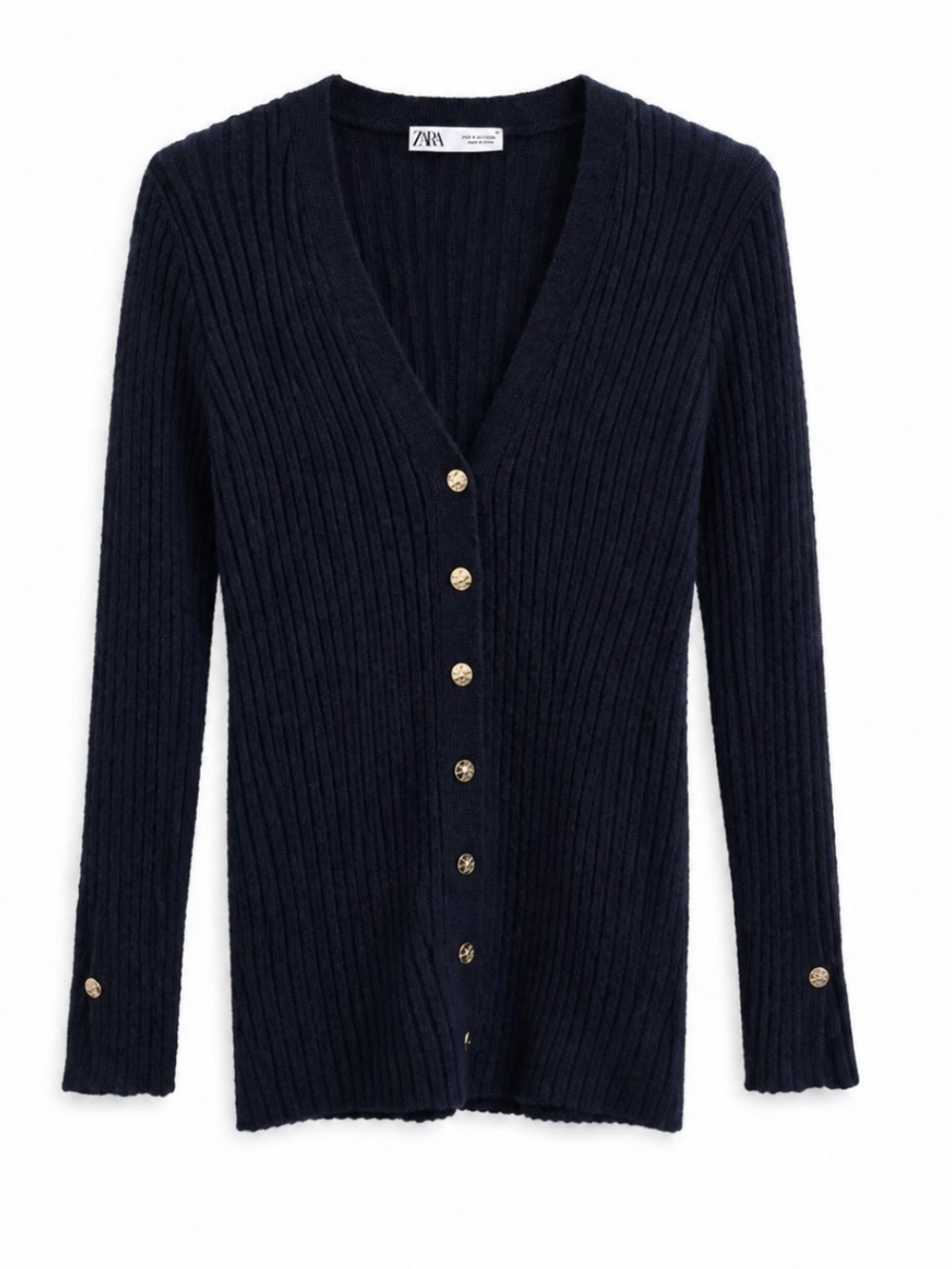 Zara Navy Cardigan Ribbed Sweater With Gold Hammered Buttons